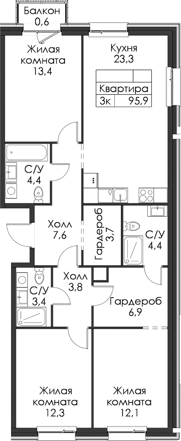 3-комнатная квартира 95.9 м², 9/12 эт., ЖК «Шкиперский 19»